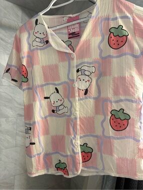 Milk & Jellie Pastel Bunny and Strawberry Button-Up Pajama Top pants and shorts